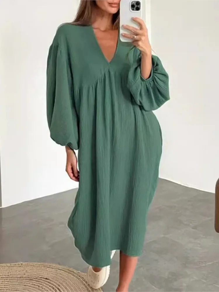 

2025 Spring Autumn Lantern Sleeve Nightgowns Dresses For Women Loose V Neck Sleepwear Casual Pajamas Solid Elegant Lingerie Robe