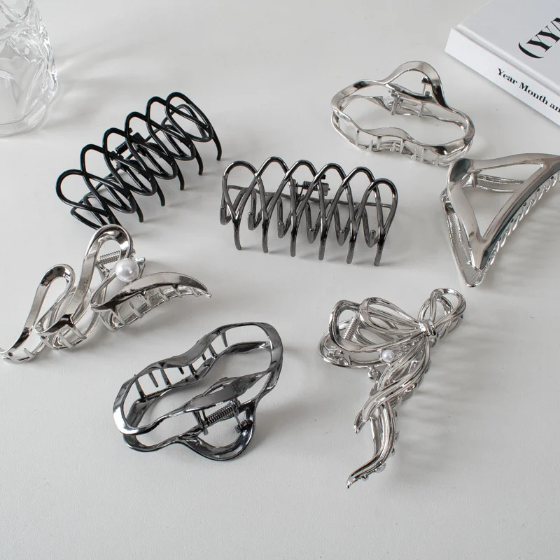 Large Metal Geometric Hair Claw Clamps Silver Color Korean Fashion Shark Clip Y2k Hairpins Barrettes Hair Accessories for Women