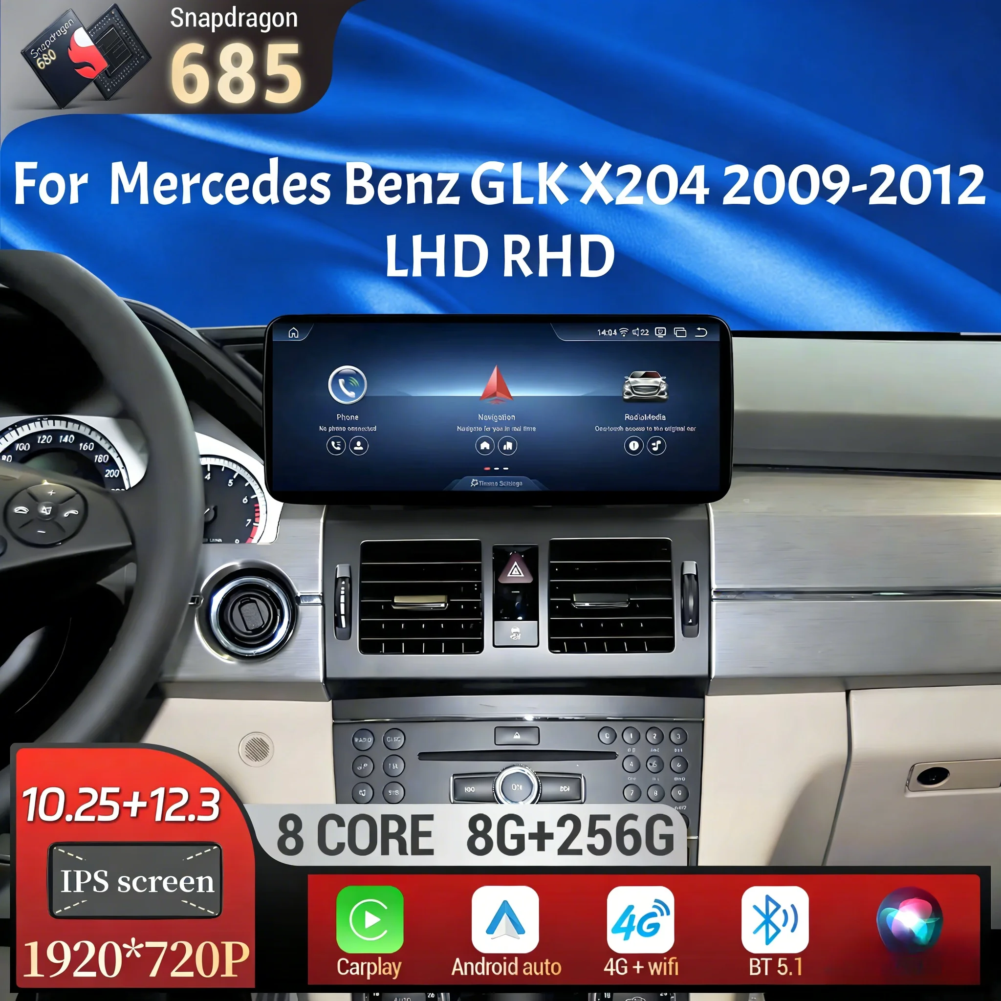 

Автомагнитола для Mercedes Benz GLK X204 2009-2012, система NTG 4.0, беспроводной Bluetooth, CarPlay, Snapdragon 685, Android 13, сенсорный экран