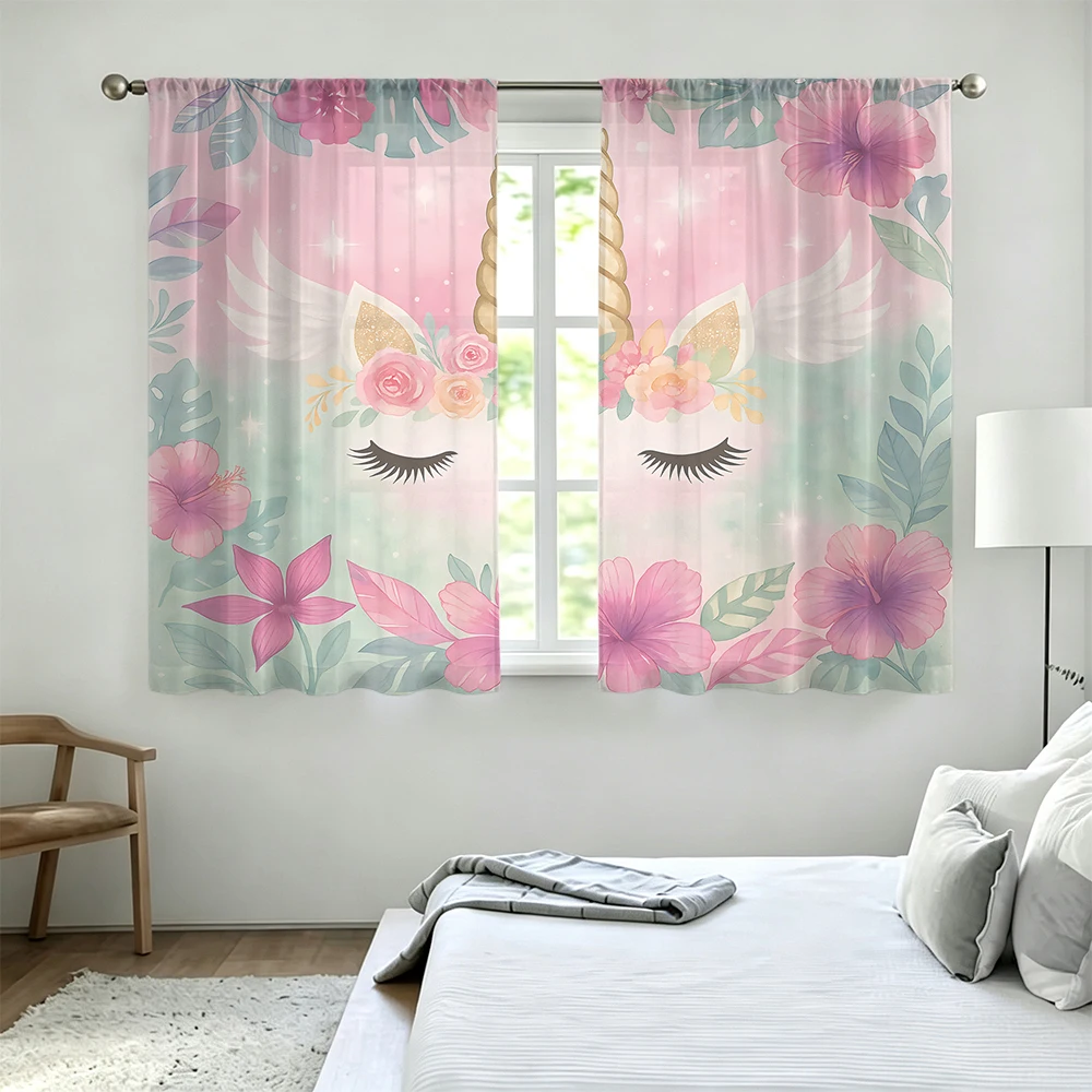 2Pcs Winged Floral Unicorn Rod Pocket Curtains Light Blocking Privacy Window Curtains For Living Room Bedroom Fresh Pastel Ho