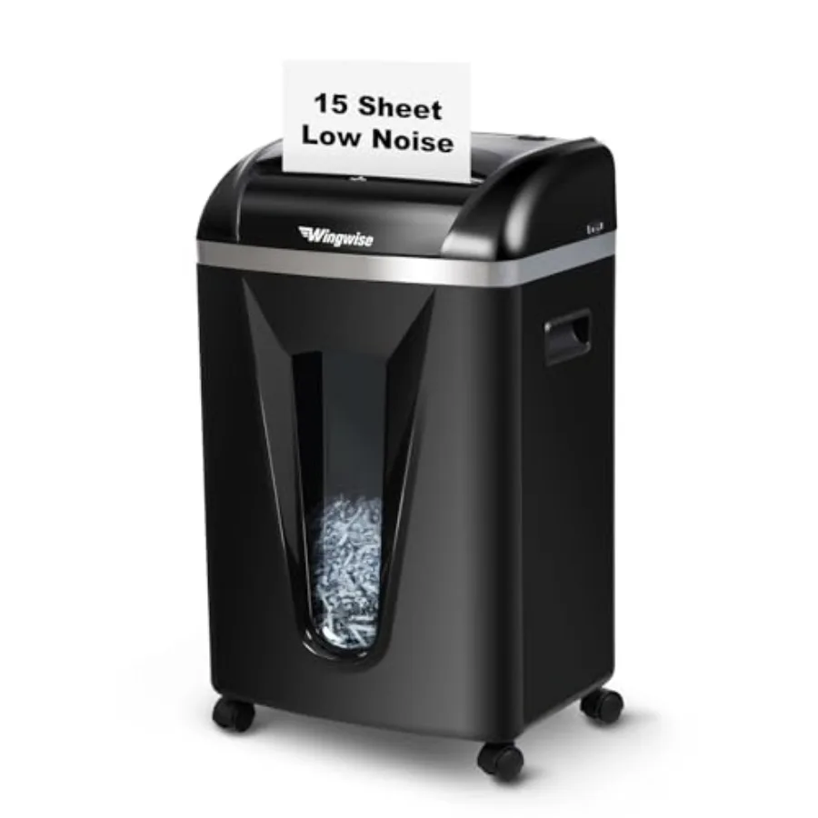 Home office paper shredder with steel blades, black finish, 15-sheet P4 cross-cut security, quiet 58dB operation, 15-minute run