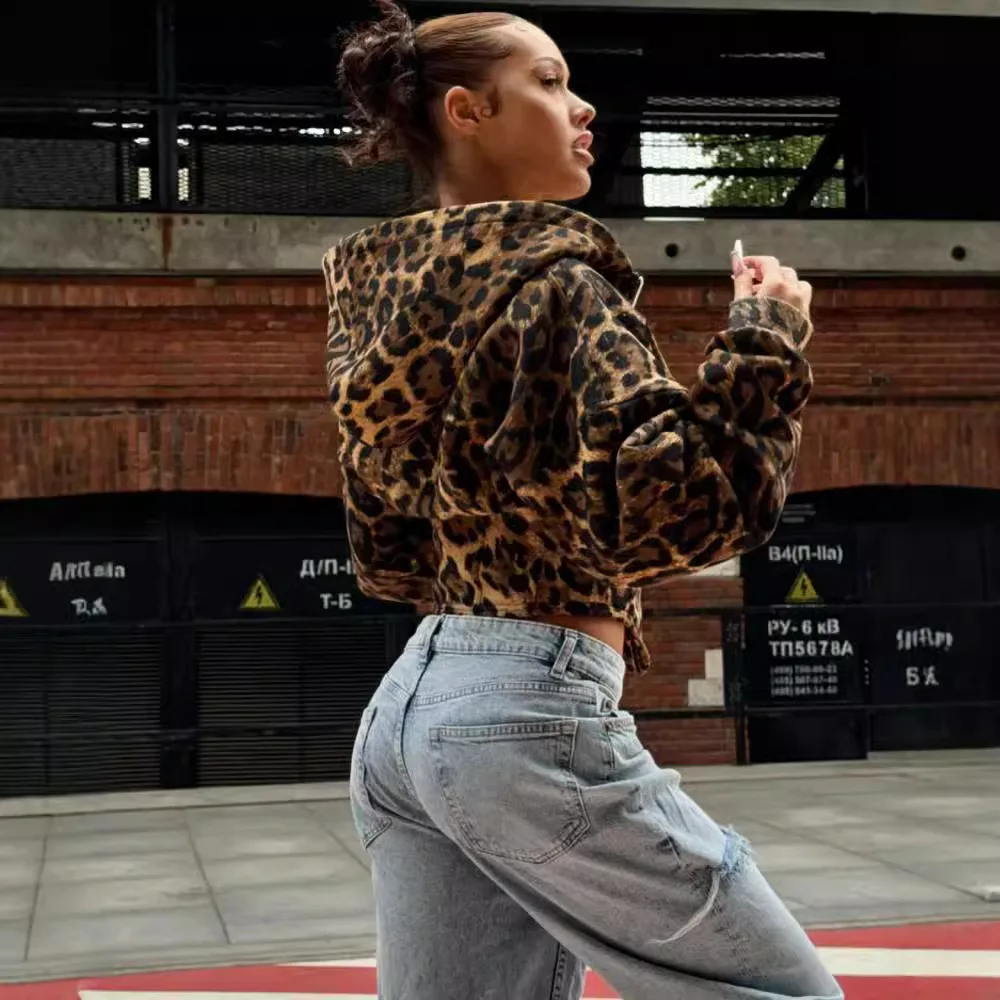 2024 Autumn Winter Fashion Leopard Irregular Cardigan Jacket Women Hooded Long Sleeve Zipper Casual Hipster Streetwear Coats