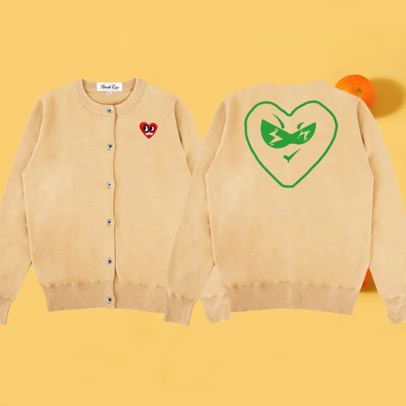 

Colorful Hollow Smiley Face Glasses Print Women Cardigan Red Eyes Beard Heart Embroidery Cotton O-Neck Single Breasted Sweater