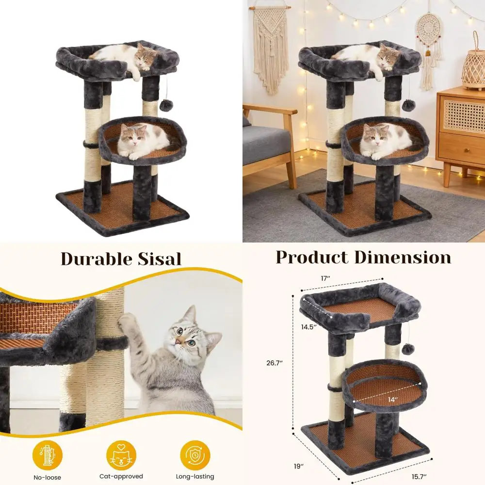 

Элегантная серая кошачья лестница с двумя лежанками, стойками для когтеточков и игрушками для крупных и мелких кошек