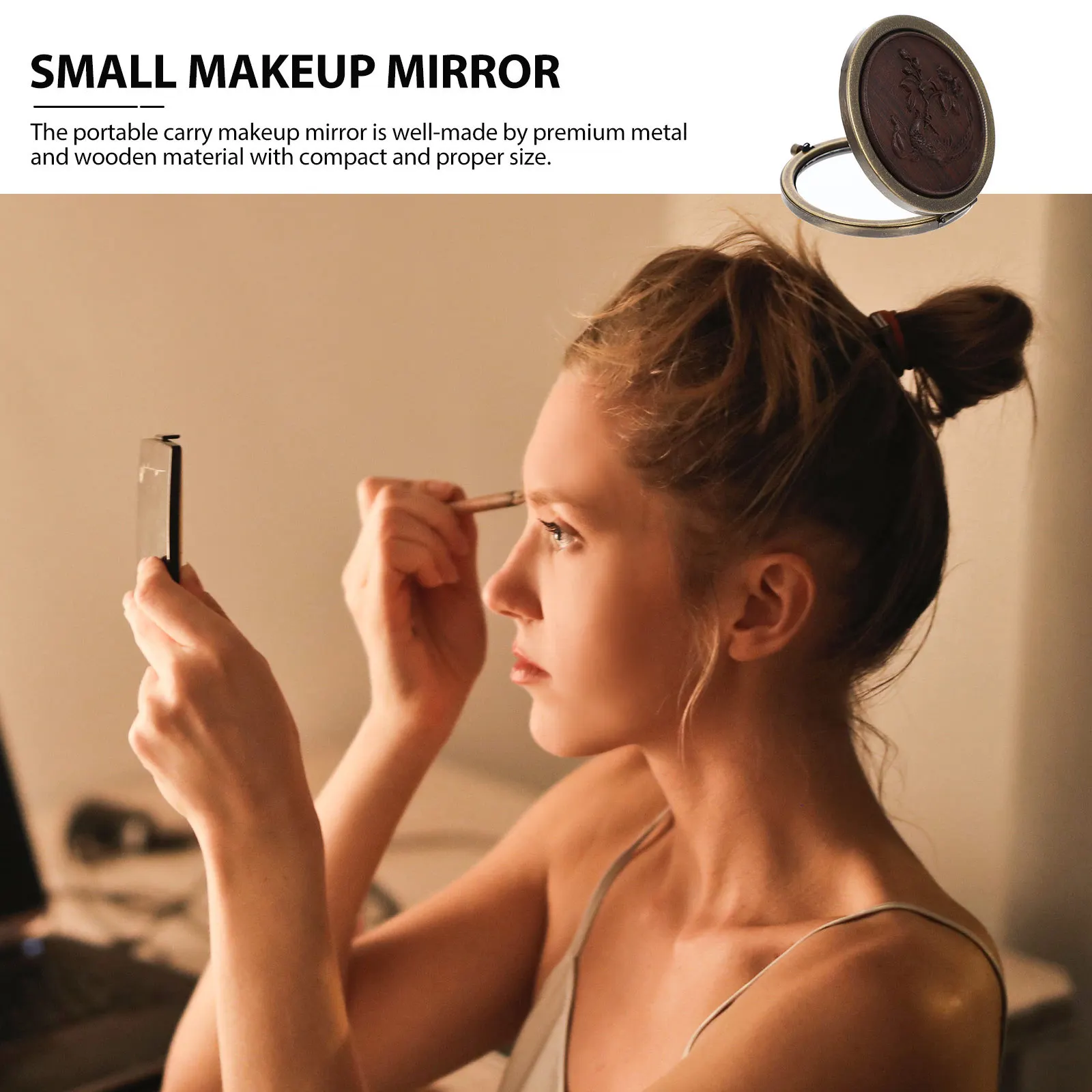 小型で持ち運び可能な折りたたみ式木製金属製化粧鏡、両面コンパクトガラス旅行用ミラー、軽量