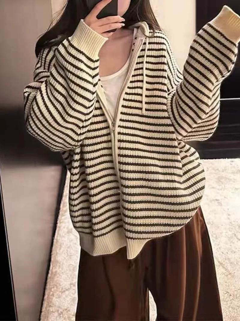 Color Block Striped Knitted Sweater Coat Lazy Soft Cardigan American Retro Loose Fall Womens Oversized Pullover