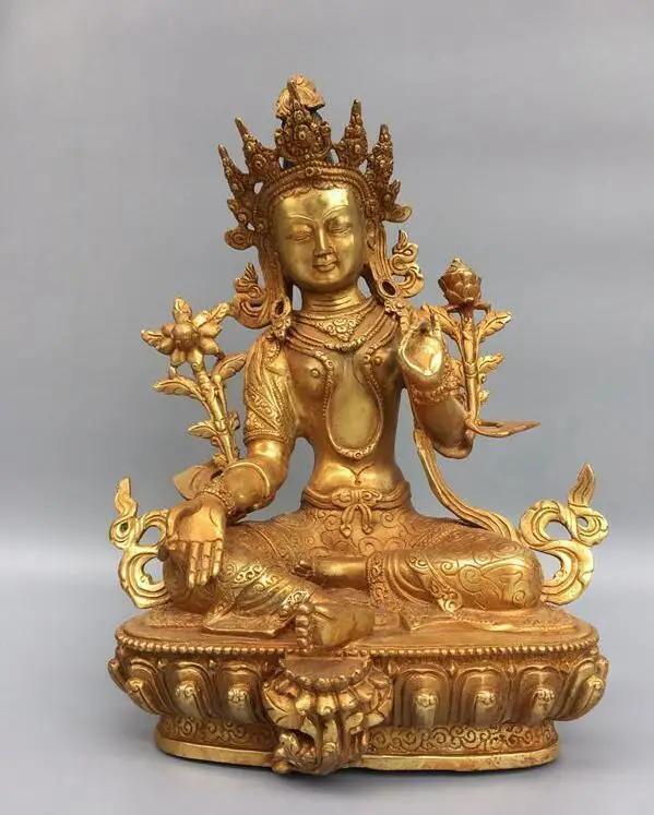 

12" Tibetan temple bronze Gilt green Tara Kwan-Yin GuanYin goddess Buddha statue