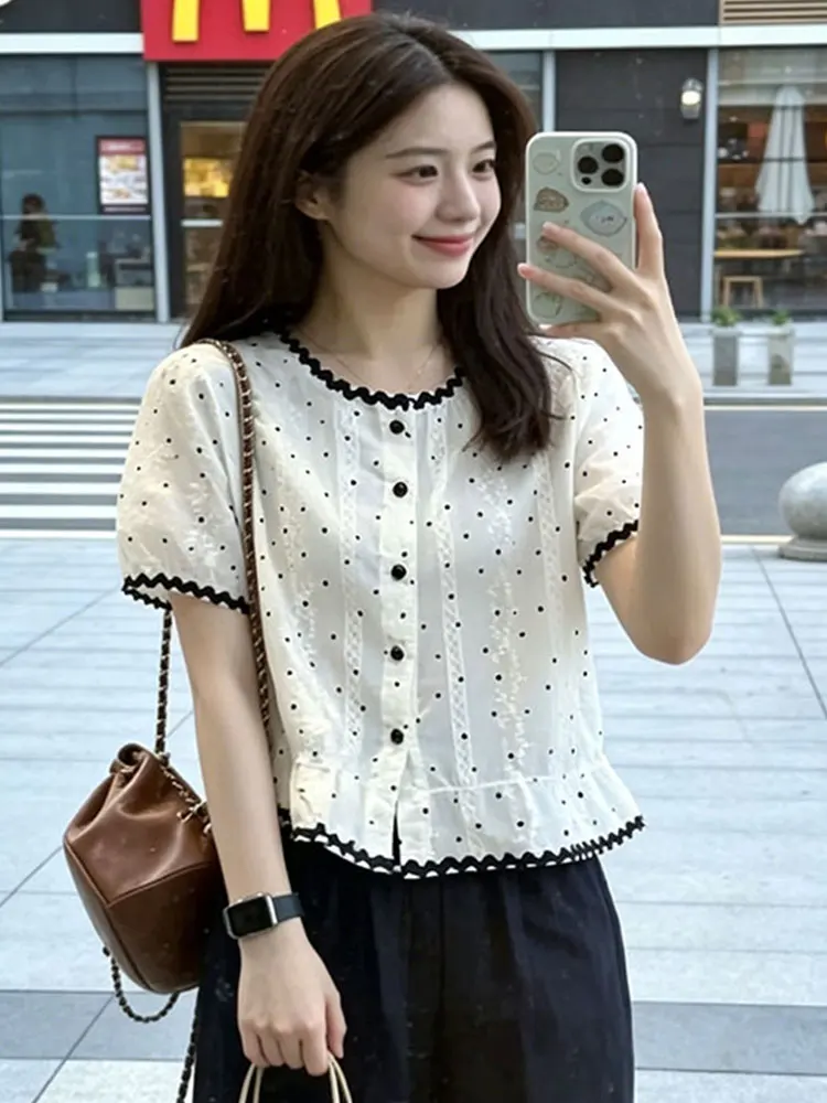 

Sweet Korean Style Women's Shirt Short Sleeve round Neck Lace Trim Color Block Polka Dot Design Casual Loose Fit Button up