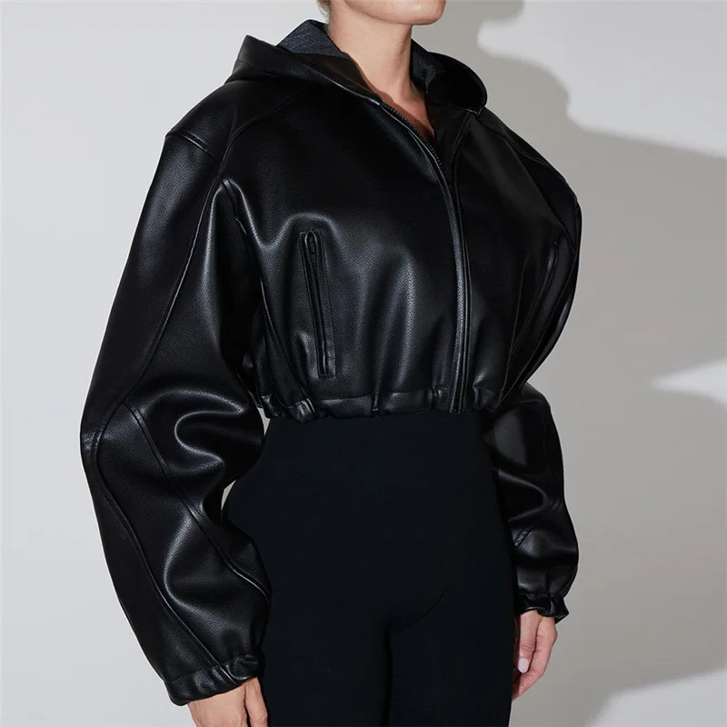 

2026 Spring and Autumn Women's Fashion Long Sleeve Zipper Short Navel Slim Leather Jacket Hooded Faux Leather Jacket Women