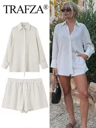 TRAFZA 2024 Summer Female Stripe Set Turn-Down Collar Long Sleeves Single Breasted Shirt Top + Elastic Waist Casual Woman Shorts