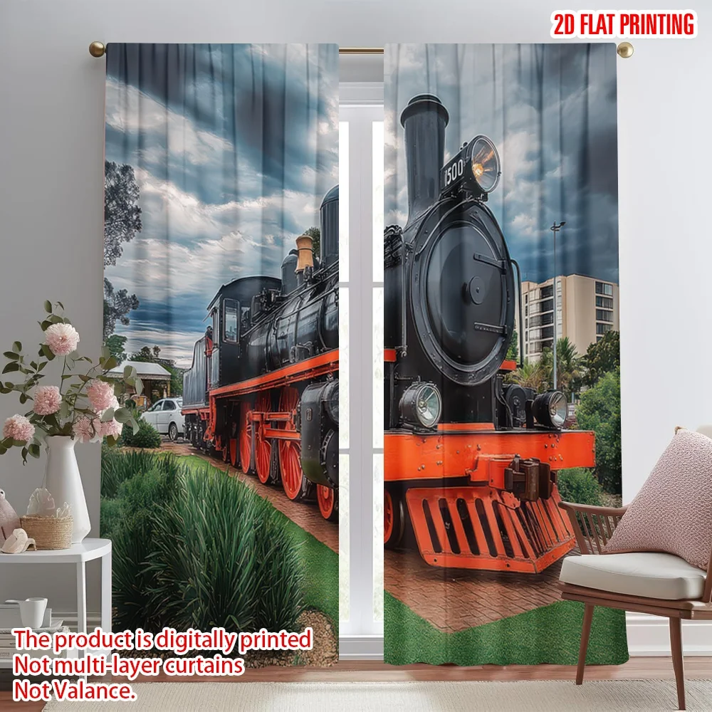 

2D flat printing 2pcs Drapes Vintage Steam Locomotive Digital Printed Polyester Drapes Festive Curtains Perfect for Yard &