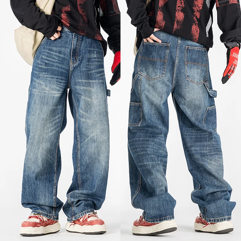 Men Streetwear Fashion Loose Casual Multi-pocket Vintage Washed Denim Wide Leg Cargo Baggy Jeans Pants Cityboy Jeans Trousers