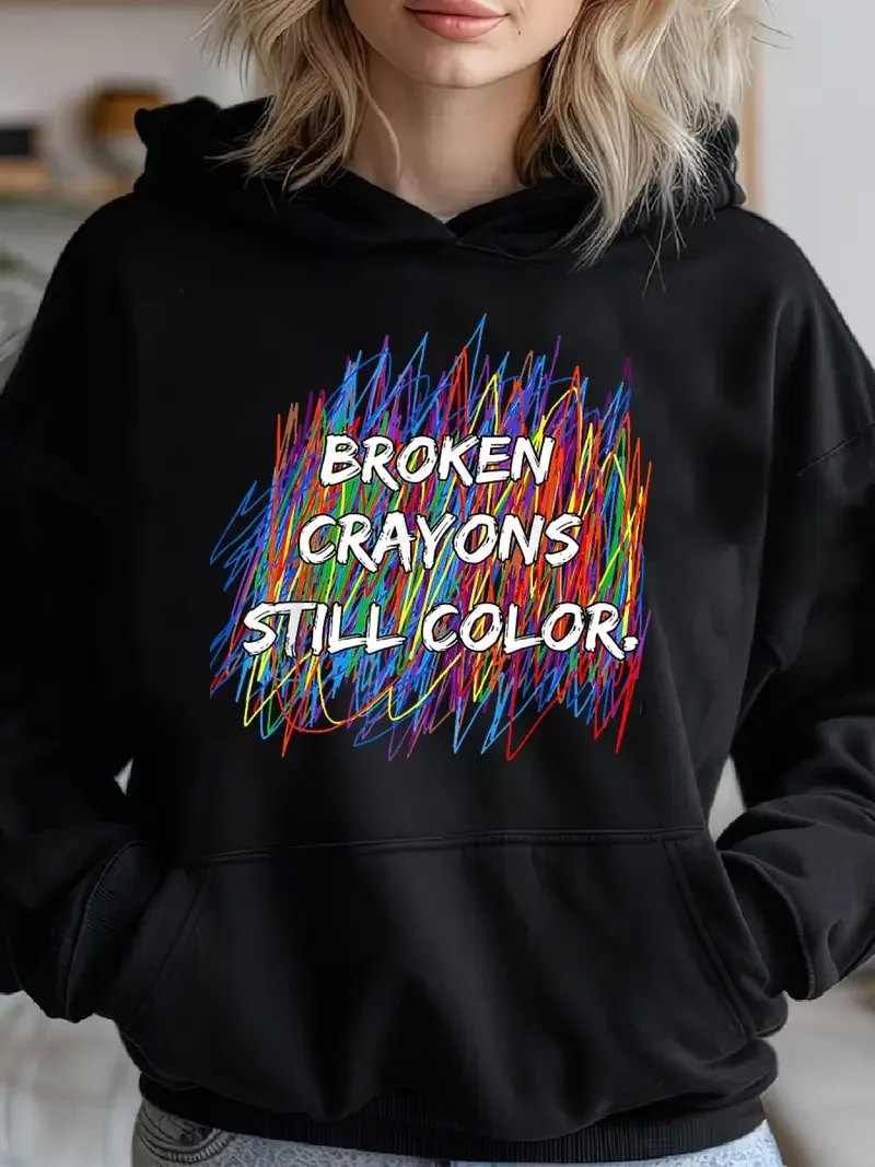 Women Plus Size Hoodie Broken Crayons Still Color Graphic Pullover Sweatshirt Black With Multicolor Crayon Design Playful Design