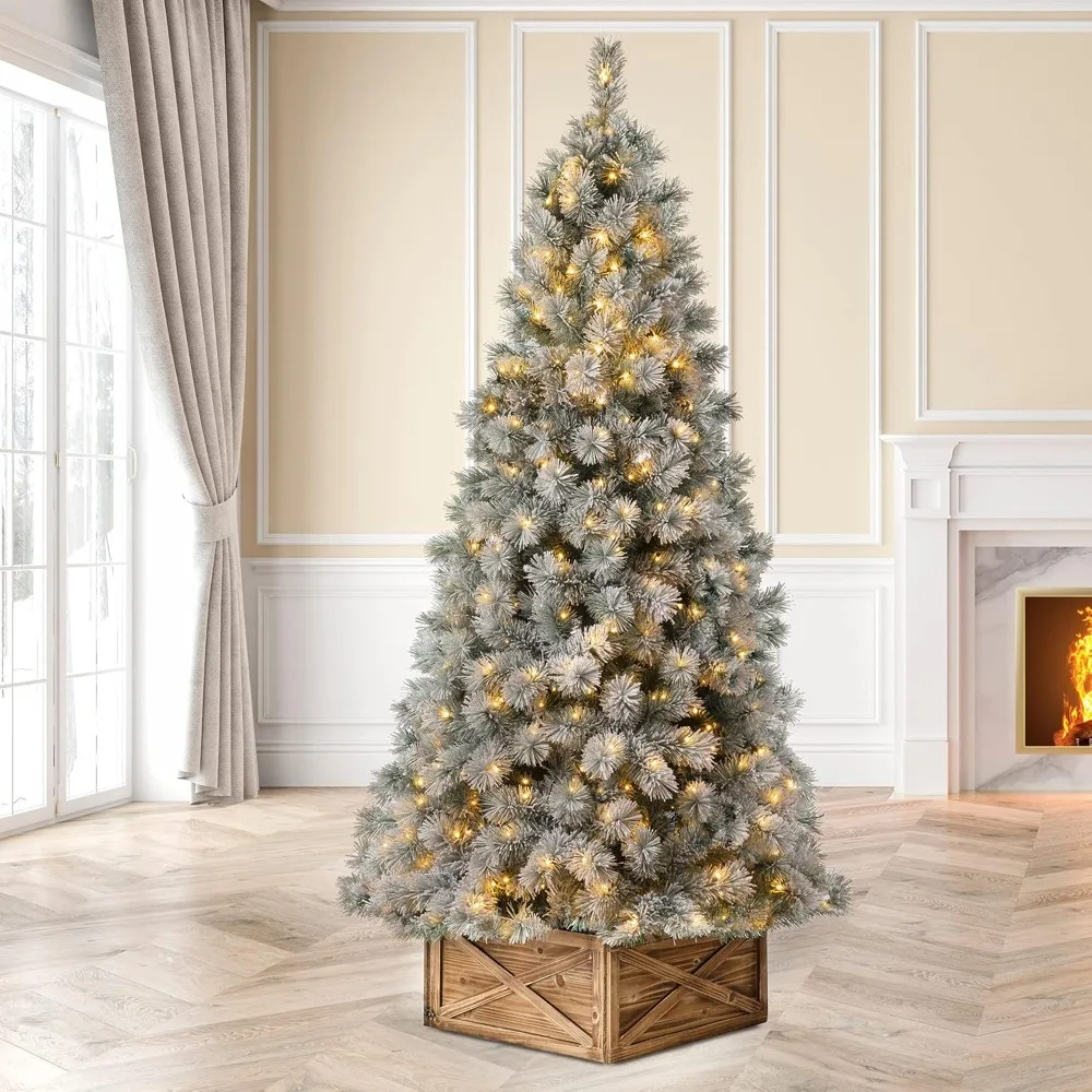

9 ft Pre-Lit Artificial Christmas Tree, Snowflake Flocked Pine Tree, Warm White Light, 1030 Branch Tips, and Easy