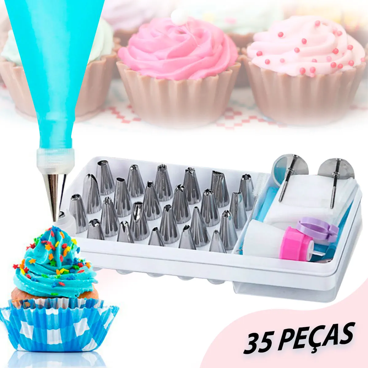 Kit Confeiteiro Estojo Acessórios Bicos Variados Decoração Acabamento Doces Bolo Cupcake Confeitaria Bicos Confeitar Bolos Molde