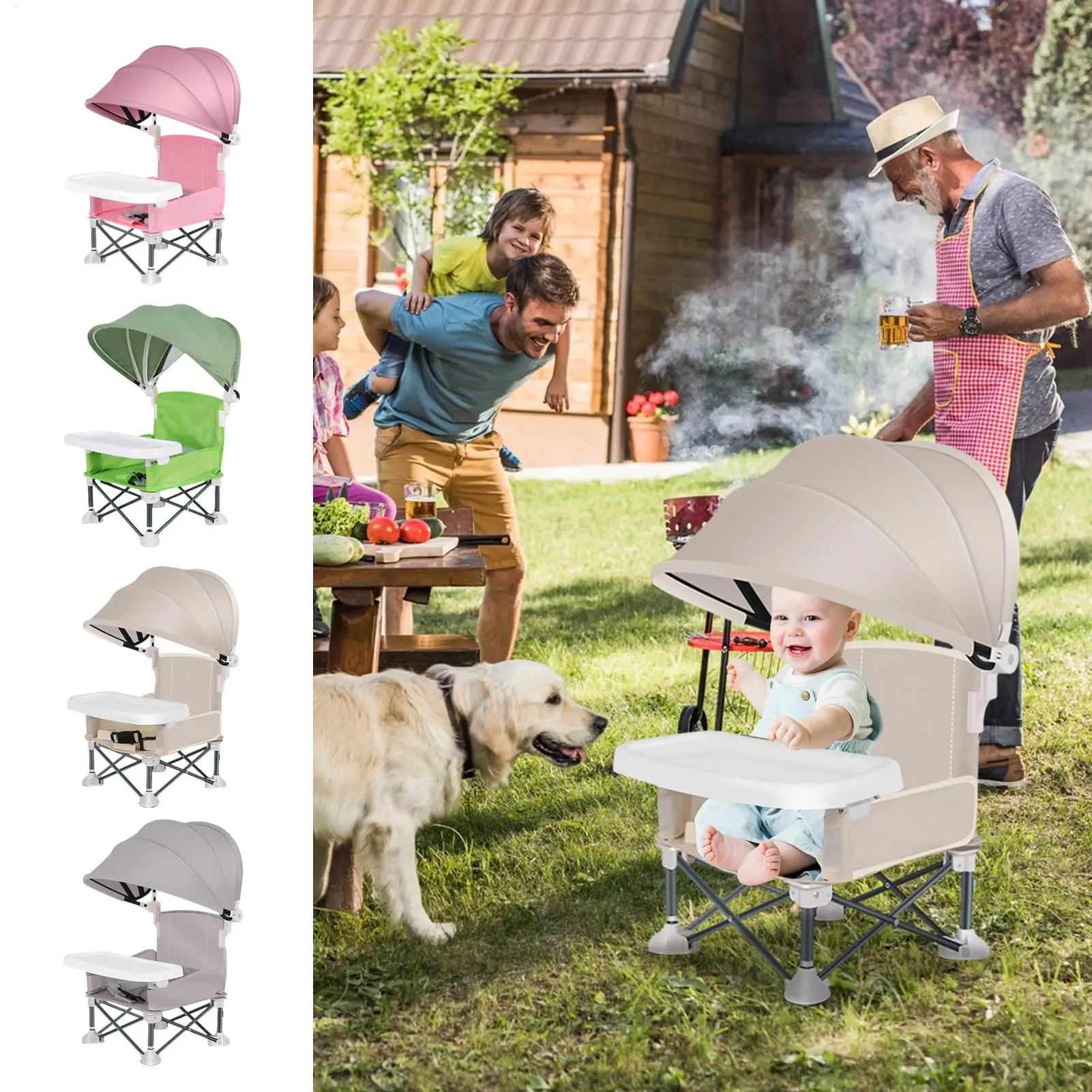 Baby Feeding Chair Foldable baby feeding booster chair With sunshade and removable tray Portable High Chair Folding Booster Seat