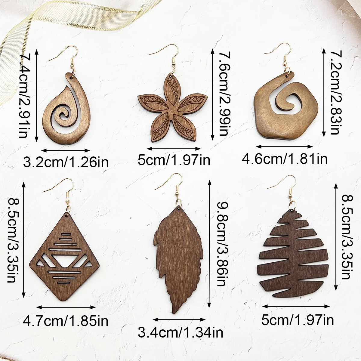 6 Pairs/Set of Retro Fashion Bohemian Simple Personalized Holiday Style Wooden Earrings