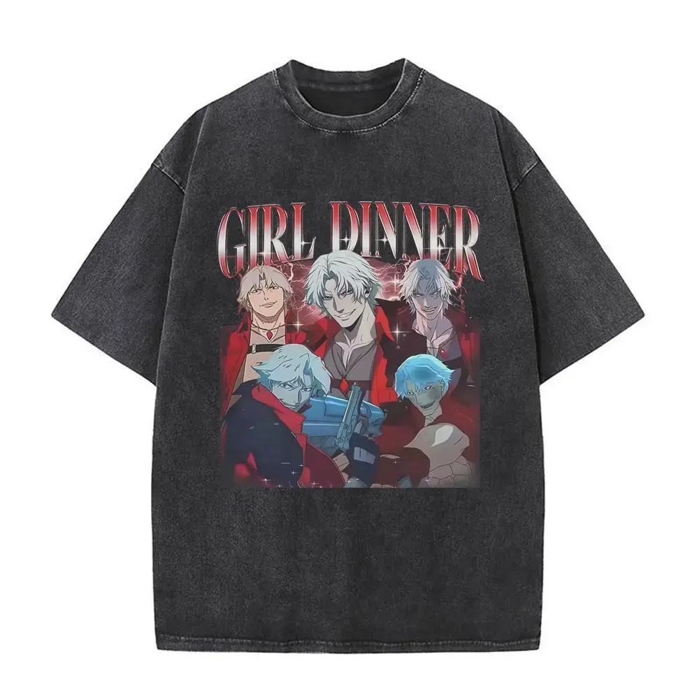 

Washed Vintage Game Devil May Cry Dante Girl Dinner Graphic T Shirt Men Women Casual Oversized Short Sleeve T-shirt Streetwear