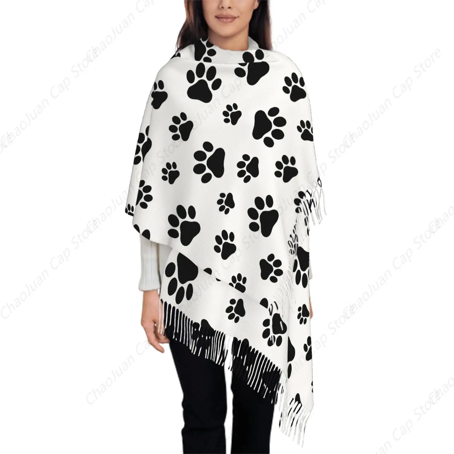 

Шарф большого размера для женщин, черно-белый шарф с принтом лапы собаки и кошки, шарфы с кисточками, осенне-зимняя шаль, накидки