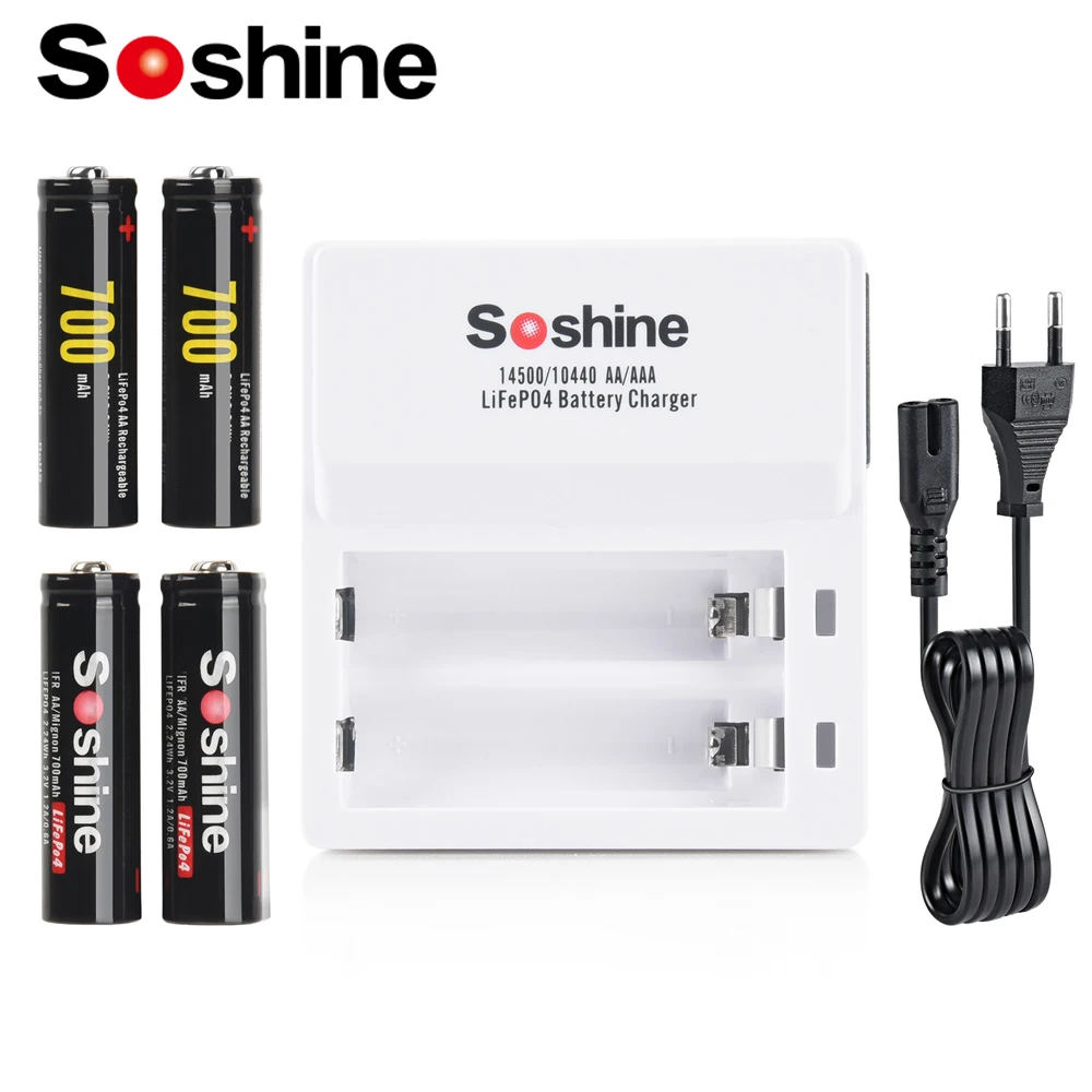 Soshine 14500 700mAh LiFePO4 Rechargeable Battery 3.2V AA 700mAh Batteries and AA  AAA 14500 10440 Smart Battery Charger 2 Slot