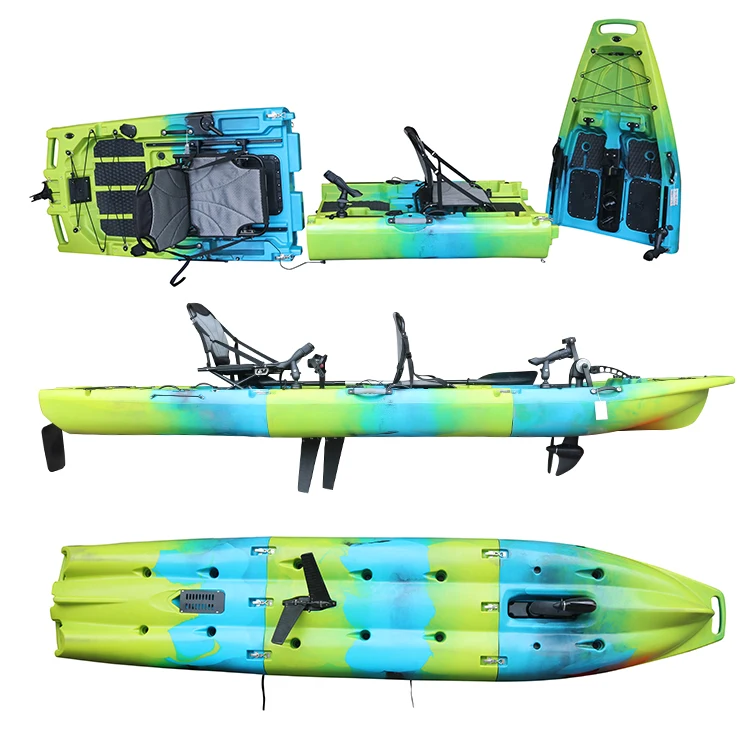 3 1 Tandem Fishing Kayak 13.8FT Modular Pedal/Paddle/Motor Ready Non-Inflatable 2 Seater HDPE Boat Adjustable Seats for Lakes