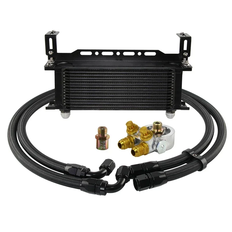 

Universal Oil Cooler Kit 15 Row 10AN Engine with Thermostatic Oil Filter Sandwich Plate Adapter M20x1.5 3/4-16UNF
