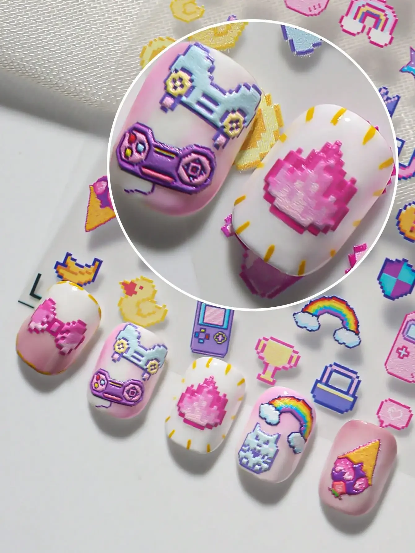 

A Japanese Pixel Style Nail Sticker With Relief Laser Technology, Retro Millennium Style, Featuring Elements Such As Game Controllers, Game Consoles, Bows, Etc., Suitable For Personal DIY And Nail Salons Nails Nail Supplies Nail Stickers