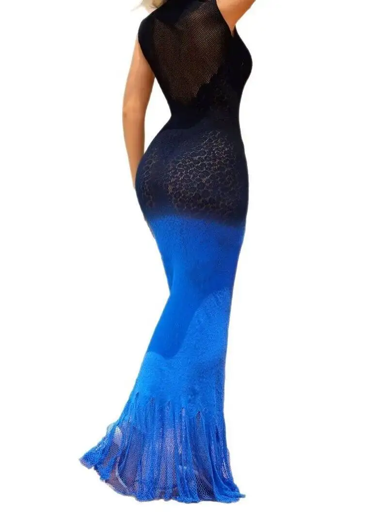 Schwarzes bis königsblaues ärmelloses Netzkleid, durchsichtiges, figurbetontes Partykleid mit Rüschensaum für Frauen, stilvolle Sommerurlaubsmode IIP5