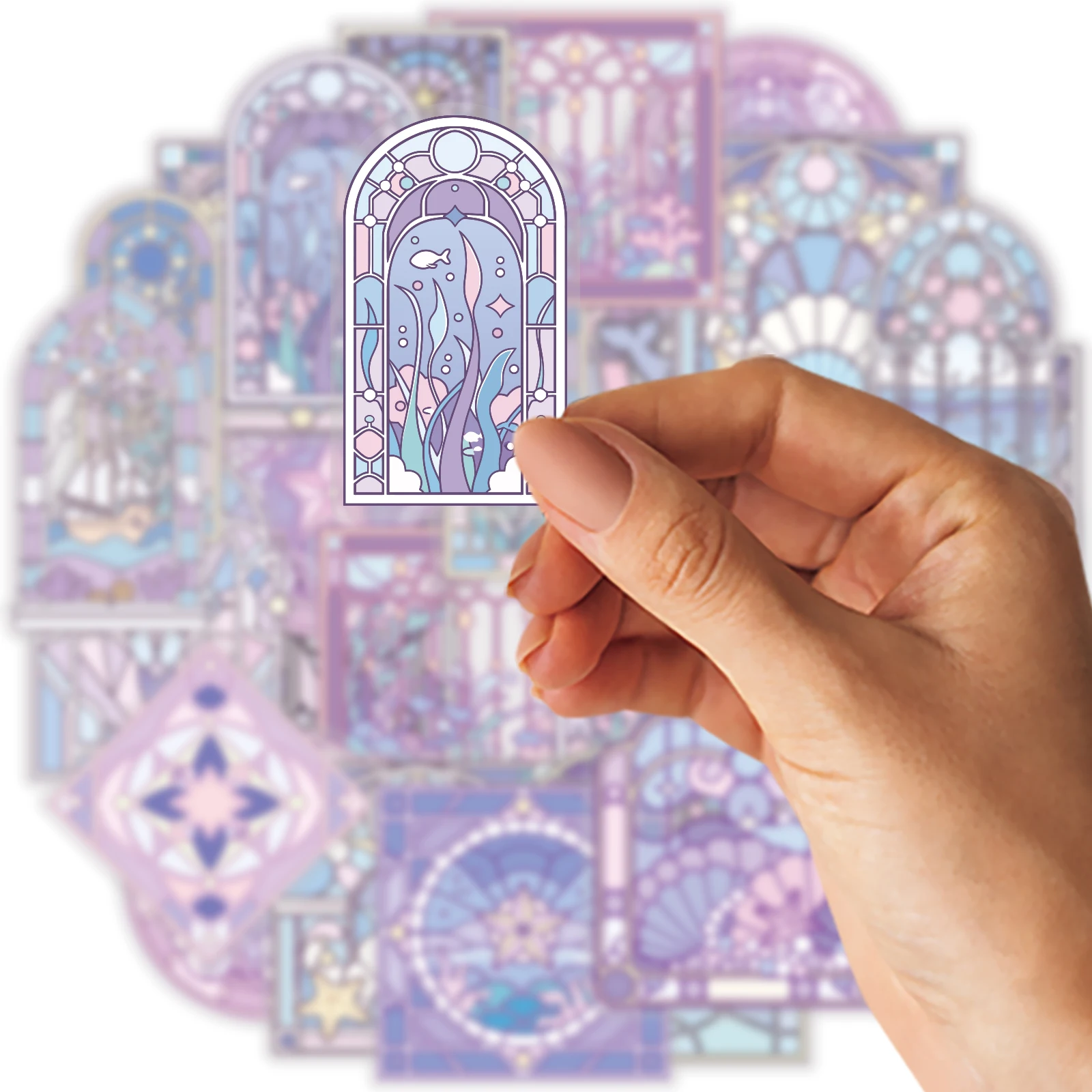 Etori Life 15Pcs Purple-Toned Ocean Window Pattern Pet Sticker Pack, Underwater Creature Stained Glass Window Design DIY Scrapbooking Material Suitable for Laptops, Phone Backs, Photo Albums, Handbags, Guitars, Sticker Books, Helmets and Bicycles, Postcards and Envelopes, Scrapbooking Supplies, Room Decoration, Art Aesthetics, Die-Cutting Craft, Cycling Decals, Gifts for Friends view 3