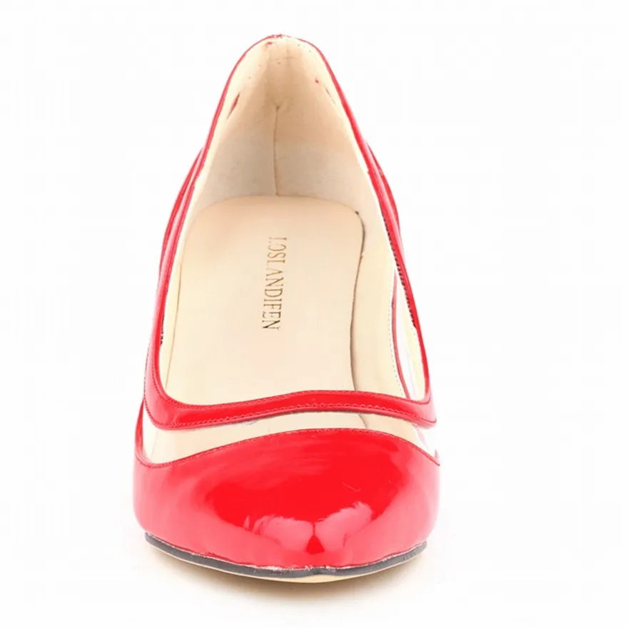 Scarpe da donna con tacco basso in pelle verniciata di moda delle nuove donne punta a punta Sexy PU trasparente spettacolo sottile da donna scarpe