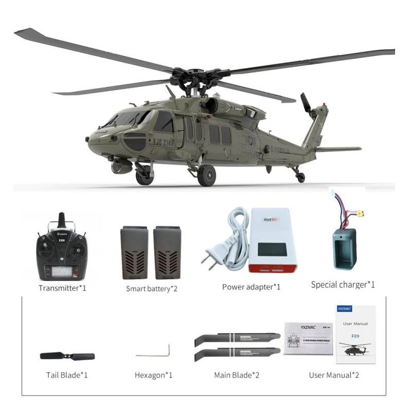 

YXZNRC RC Helicopter F09 6CH 3D 1:47 Scale UH60 Black Hawk Flybarless Direct Drive Dual Brushless With Transmitter