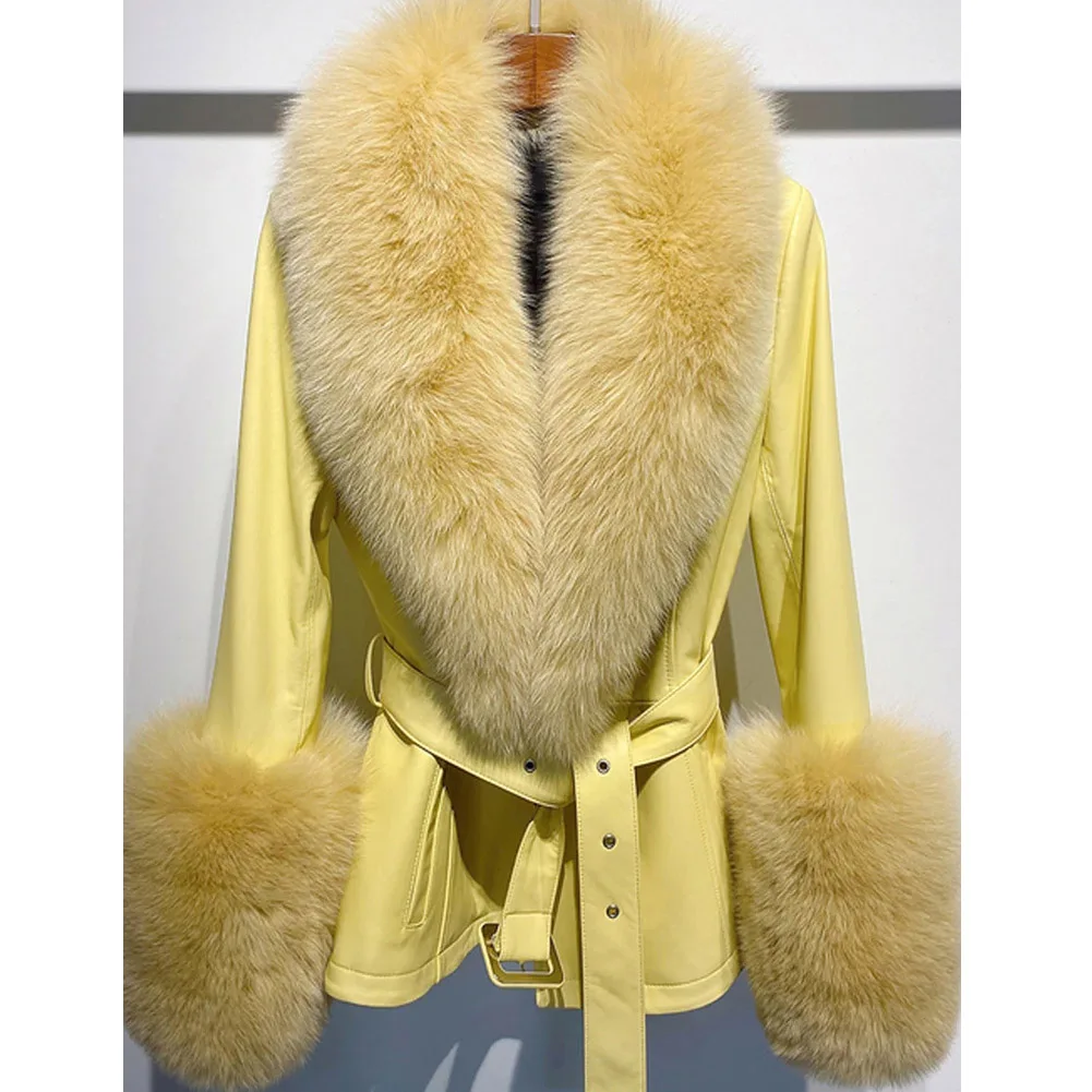 Denny&Dora Women Yellow Real Fox Fur Collar Genuine Leather Coat Trench Coat Short Fur Jacket