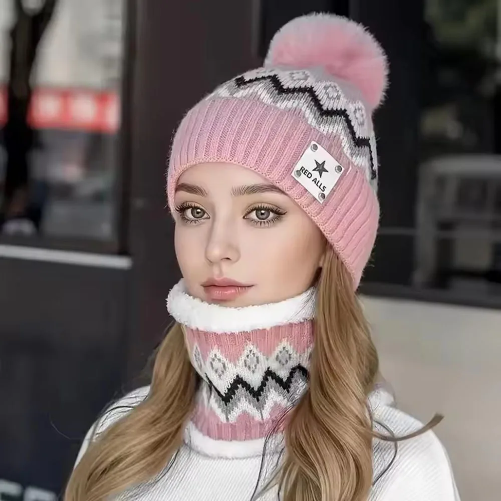 2 قطعة مجموعة الشتاء النساء القطيفة المخملية القبعات الرقبة أدفأ قبعة وشاح مجموعة بيني الدراجات يندبروف قبعة في الهواء الطلق حماية الأذن #4