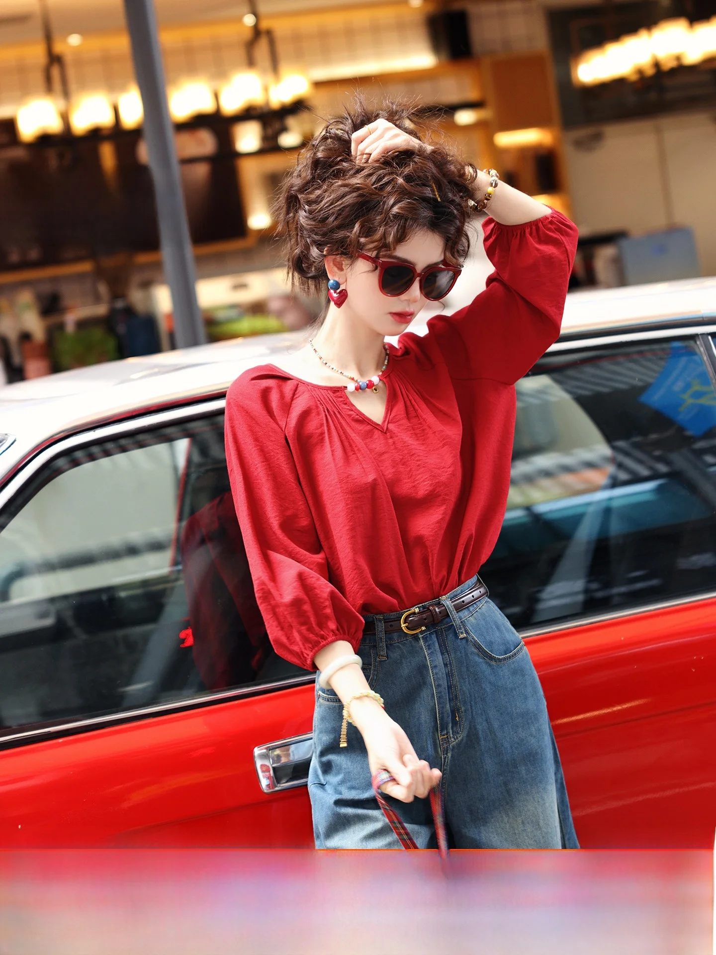

Chend Summer 2025 Red Long Sve Loose Women's irt Vintage Sle Commute Wind Lantern Sve Cotton Blend Casual Top