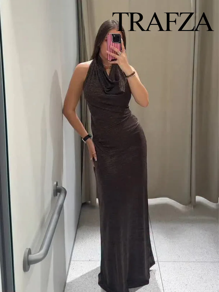 

HH Women Elegant Metallic Color Line Halter Neck Zipper Sleeveless Midi Dress Women Backless Decorate Solid Long Dress Mujer