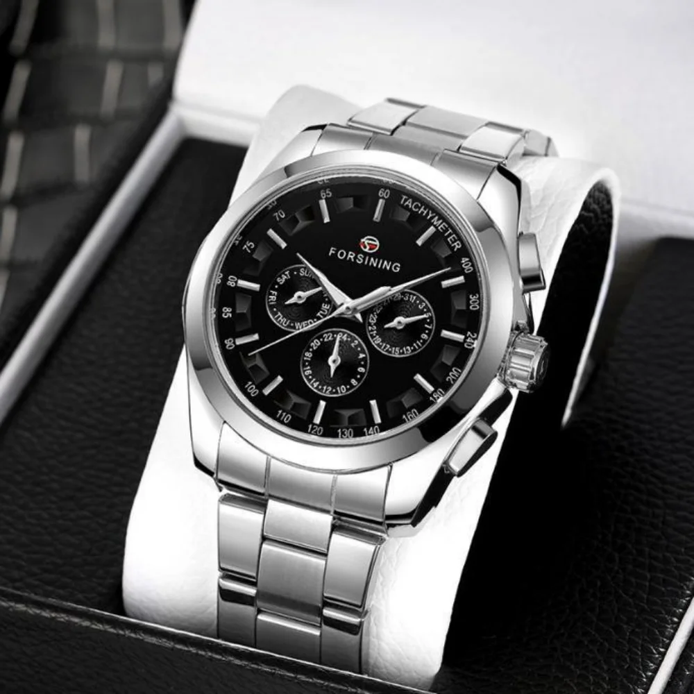 

Forsining Business Style Automatic Men's Watch Black Dial Mechanical Wristwatch with Calendar Function Luminous Hands