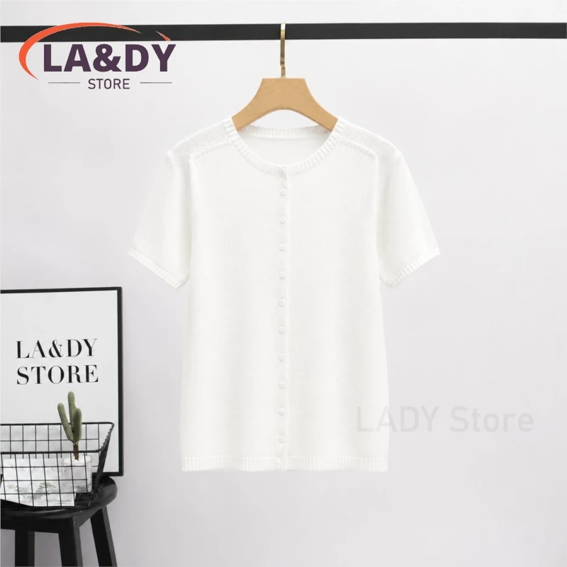 Women's Elegant Round Neck Short Sleeve Knit Cardigan Button Up Soft Lightweight Sweater Top for Spring Summer