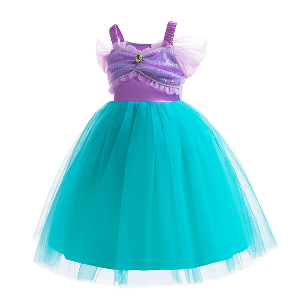 Girl Summer Mermaid Cosplay Costume Children Purple and Green Patchwork Dress Girls Birthday Party Gown Halloween Clothing