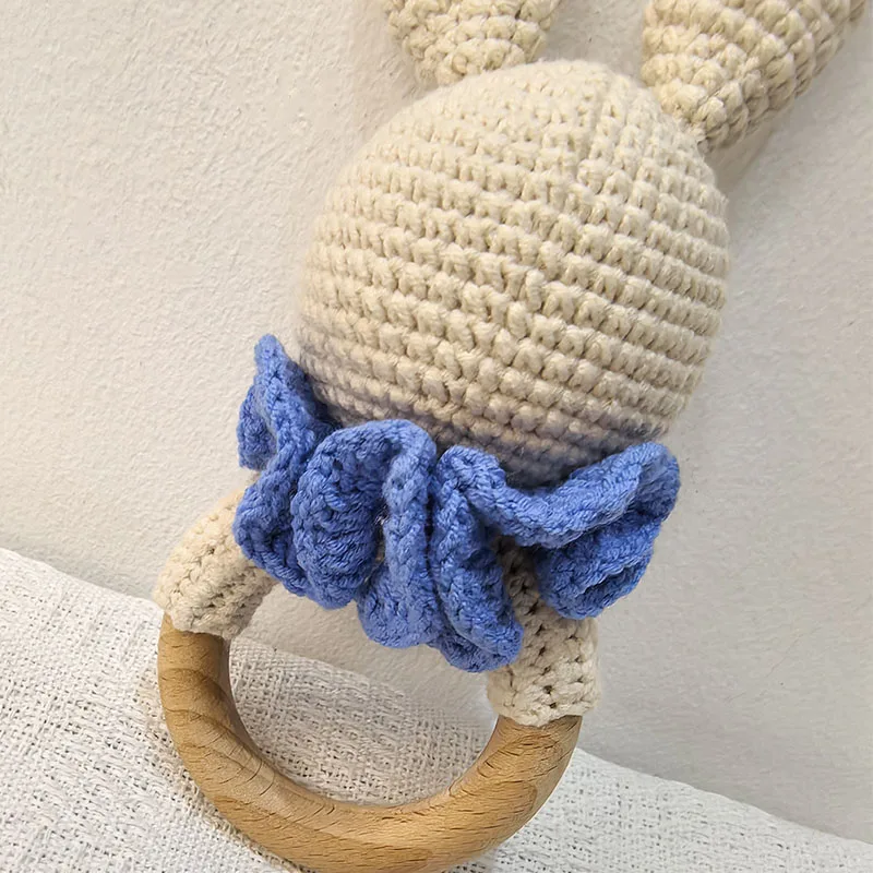 Mordedor de madera de seguridad para bebé, sonajero de conejo con orejas largas de dibujos animados de ganchillo, sonajero para cuna móvil, campana para recién nacido, juguete para la dentición, 1 ud.