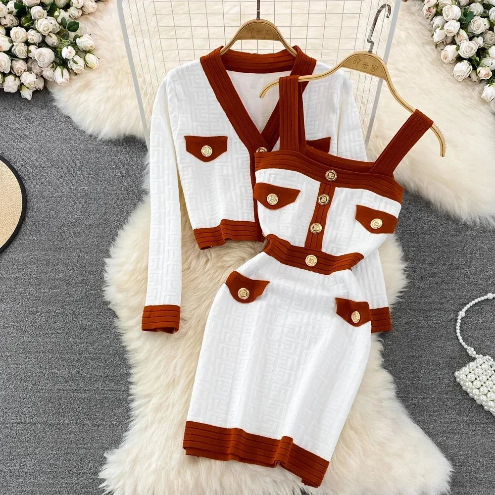 Women Elegant Knit Two Pieces Sets Sweater Vintage Long Sleeve Cadigan and Stretch Tight Sundress Sets Autumn Winter Wrap Dress