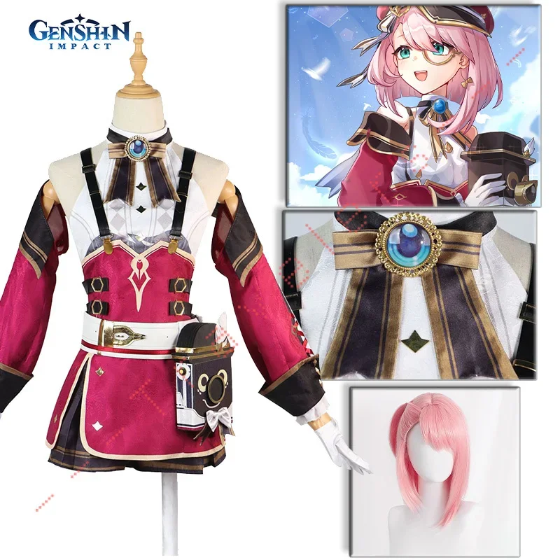 Charlotte Cosplay Costume da impatto Genshin parrucca rosa parrucca rosa vestito da festa di carnevale di Halloween dell'ufficio del giornale dell'uniforme di nicole