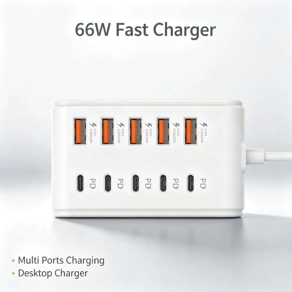 10-Port Charger USB+PD Fast Charging Electrical Sockets USB2.0 High Speed Charging Plug Desktop Charging Station for Home Office