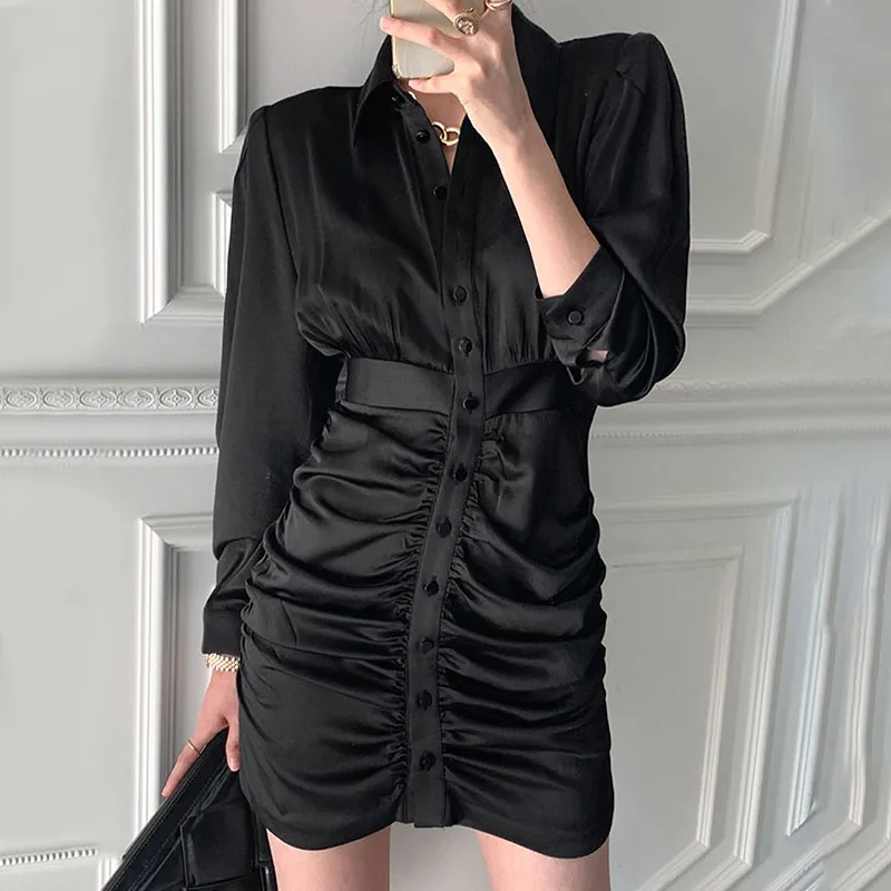 Spring Autumn Style Flip Collar Glossy Single Breasted Long Sleeved Pleated Dress Women