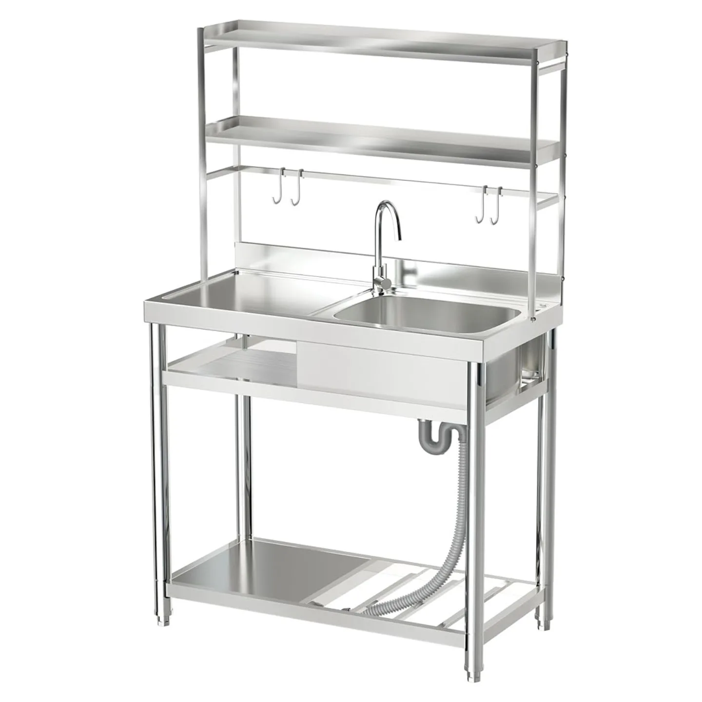 gm-Stainless Steel Sink Workbench with 2 Layers and Sinks Commercial Kitchen Work Table