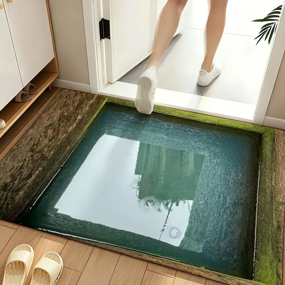 3D Deep Hole Stone Well Optical Illusion Design Floor Mat Soft Flannel Non Slip Absorbent Entryway Bathroom Bedroom Garage