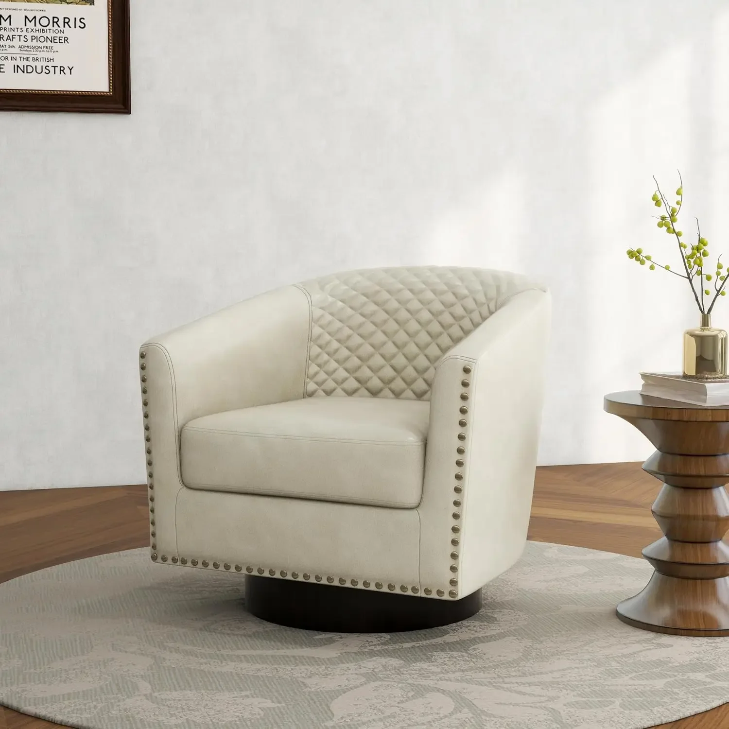 Faux Leather Swivel Barrel Accent Armchair, Beige, Set of 1  Low-Back Design 360° Swivel Solid Wood Frame  High-Density Fo