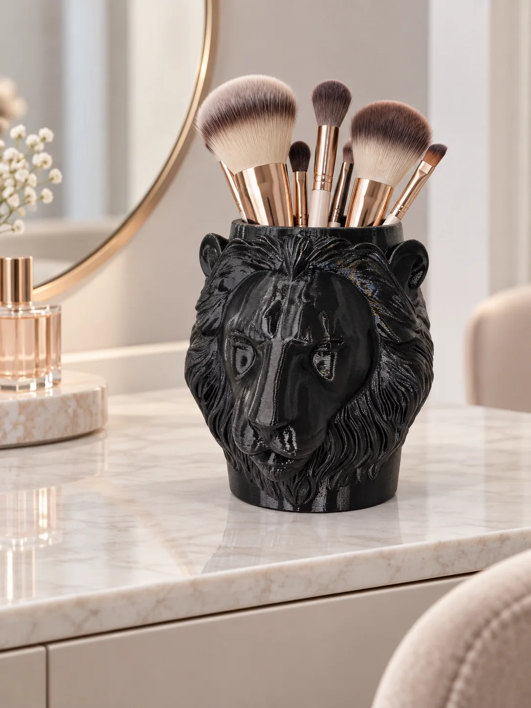 3D Printed Black Lion Head Creative Pen Holder, Made of Petg Material, Durable and Eco-Friendly, with Unique 3D Relief Animal Design, Gothic Dark Art Style, Multifunctional Desktop Organizer for Stationery and Makeup Brushes, Suitable for Various Scenes in the Office, Study, or Dressing Table, Compact and Space-Saving, Personalized Creative Office Gift, Unique Desktop Item to Give to Colleagues and Friends