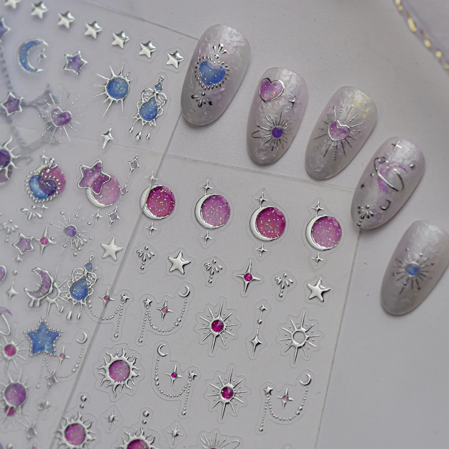 Dreamy Galaxy 5D Nail Decals Moon Stars Starburst Sun Pattern Saturn Chain Pendant Love Heart Self-AdhesiveNail Art Stickers