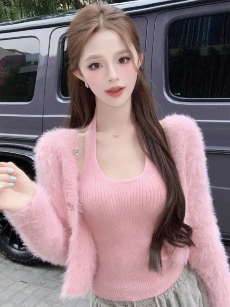 

Pink Long Sleeve Knitted Outerwear Women's Autumn Winter Set Love Embroidery Hanging Neck Vest Top Two Piece Set Faux Mink Fur
