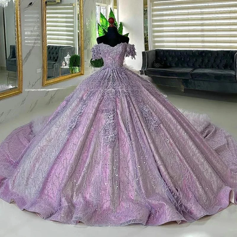 

Lilac Glitter Crystal Sequined Ball Gown Quincenara Dress Off The Shoulder Appliques Lace Corset Vestidos De XV Años